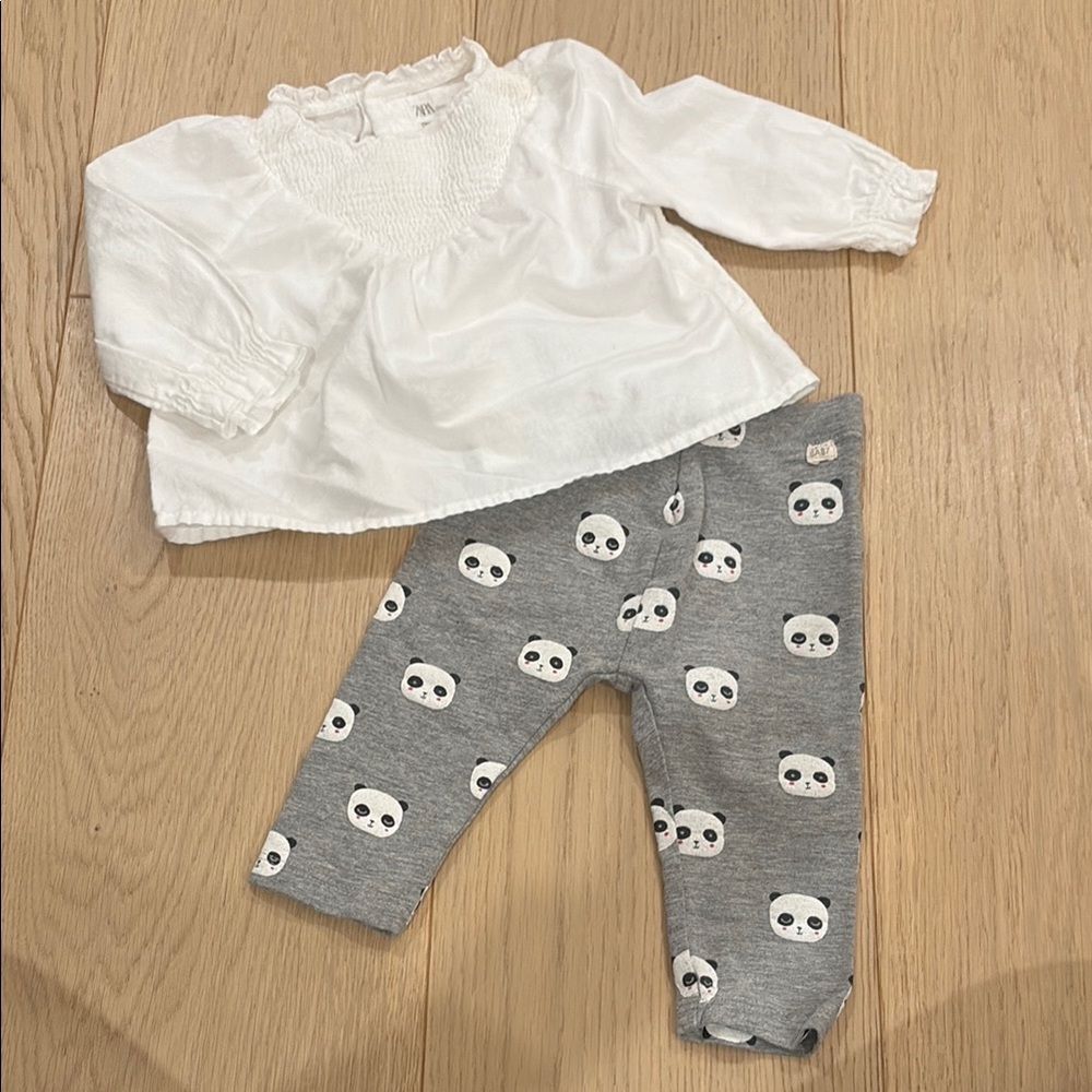 2/$20 ZARA BABY White Blouse and Gray Panda Leggings Set